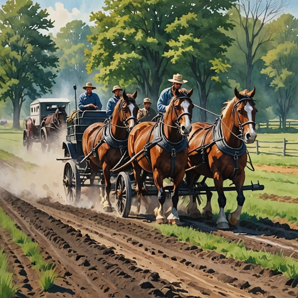 Amish Farmer Plowing Field: Gouache Impressionist Painting