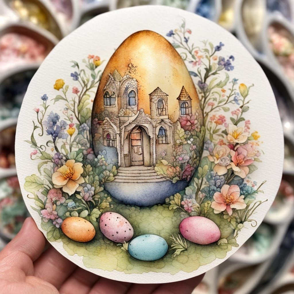 Whimsical Easter Egg Scene in Watercolor