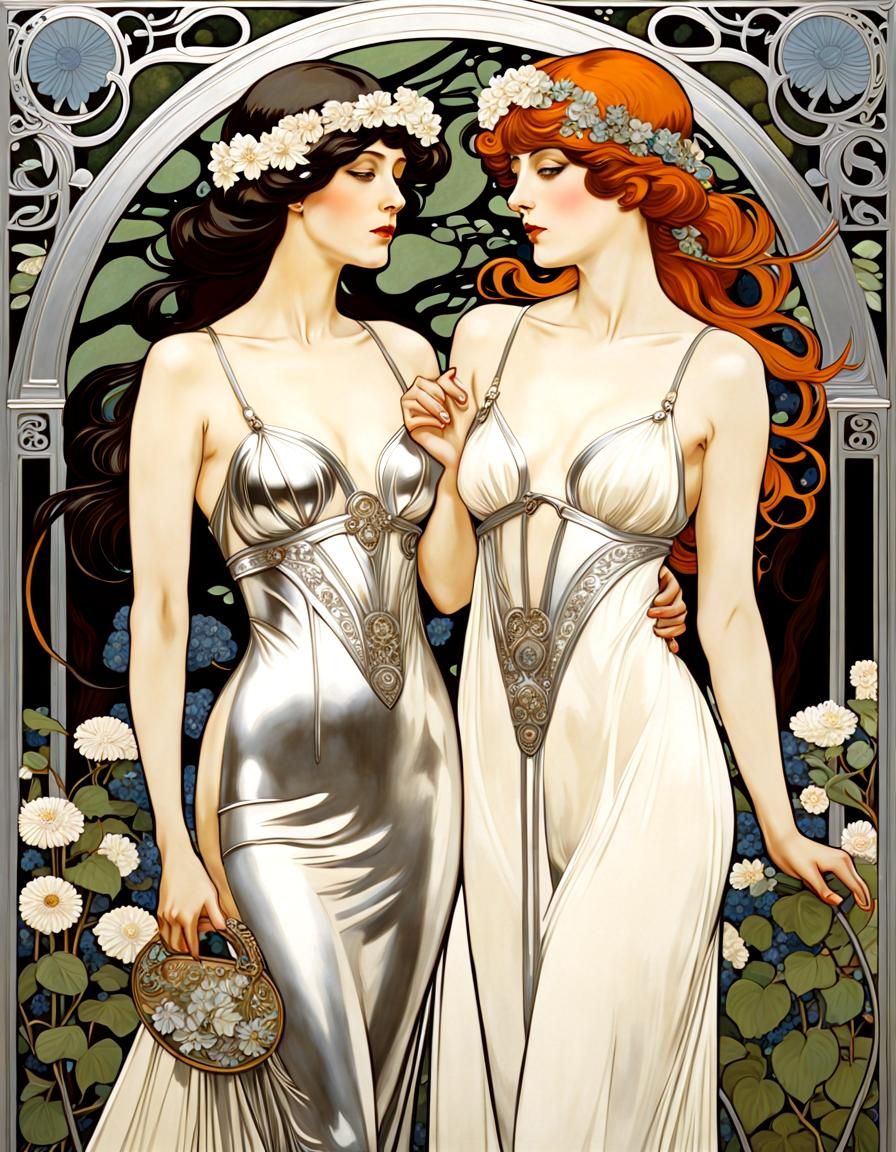 Elegant Women Strolling in Park, Art Nouveau Style