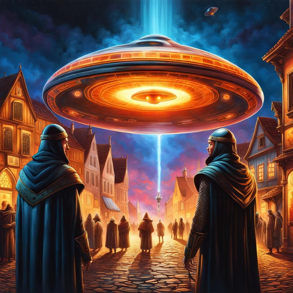 Medieval Men Stare at UFO: Hyperrealistic Splash Art