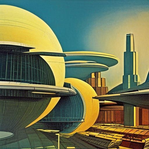 Retro Sky City in 1970s Sci-Fi Style