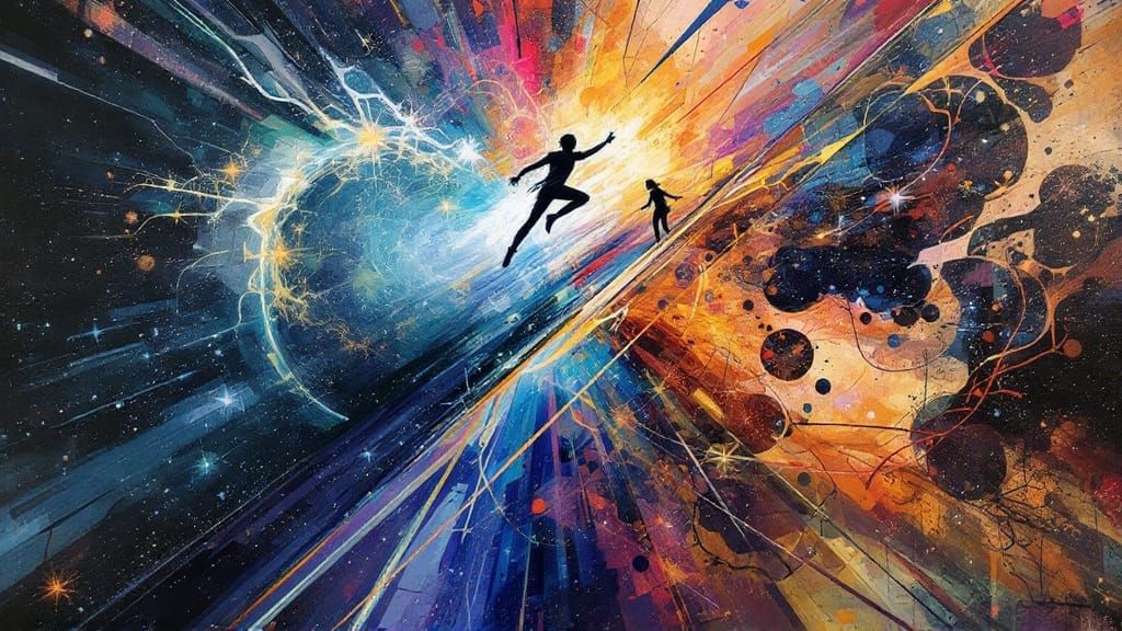 Surreal Cosmic Battle in Retrofuturistic Landscape