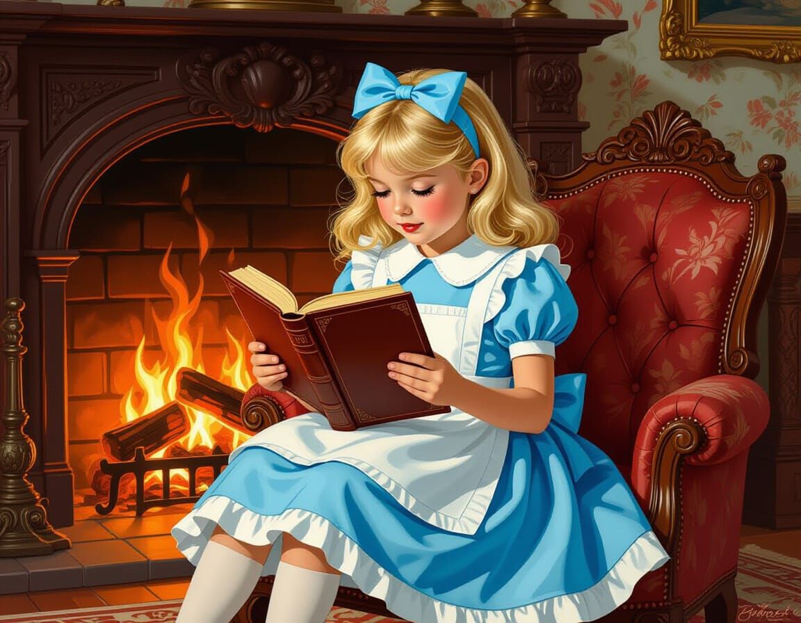 Alice in Wonderland Reading by Fireplace: Vintage Style