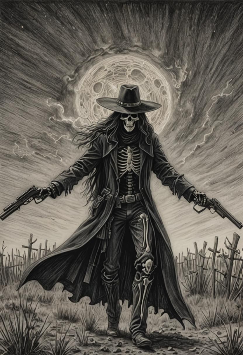 Grim Reaper Cowboy with Sniper Rifle, Charcoal Drawing