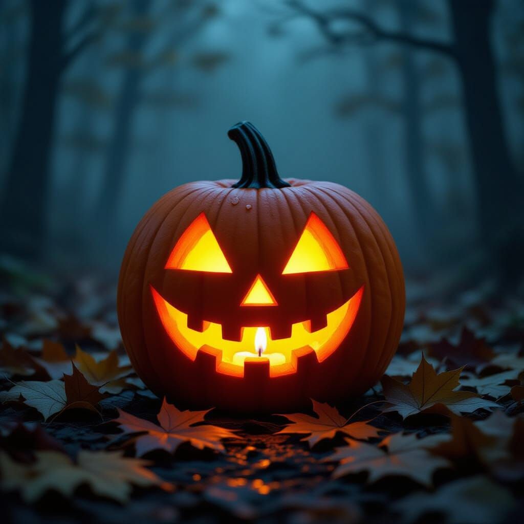 Eerie Jack-o'-Lantern in Misty Forest