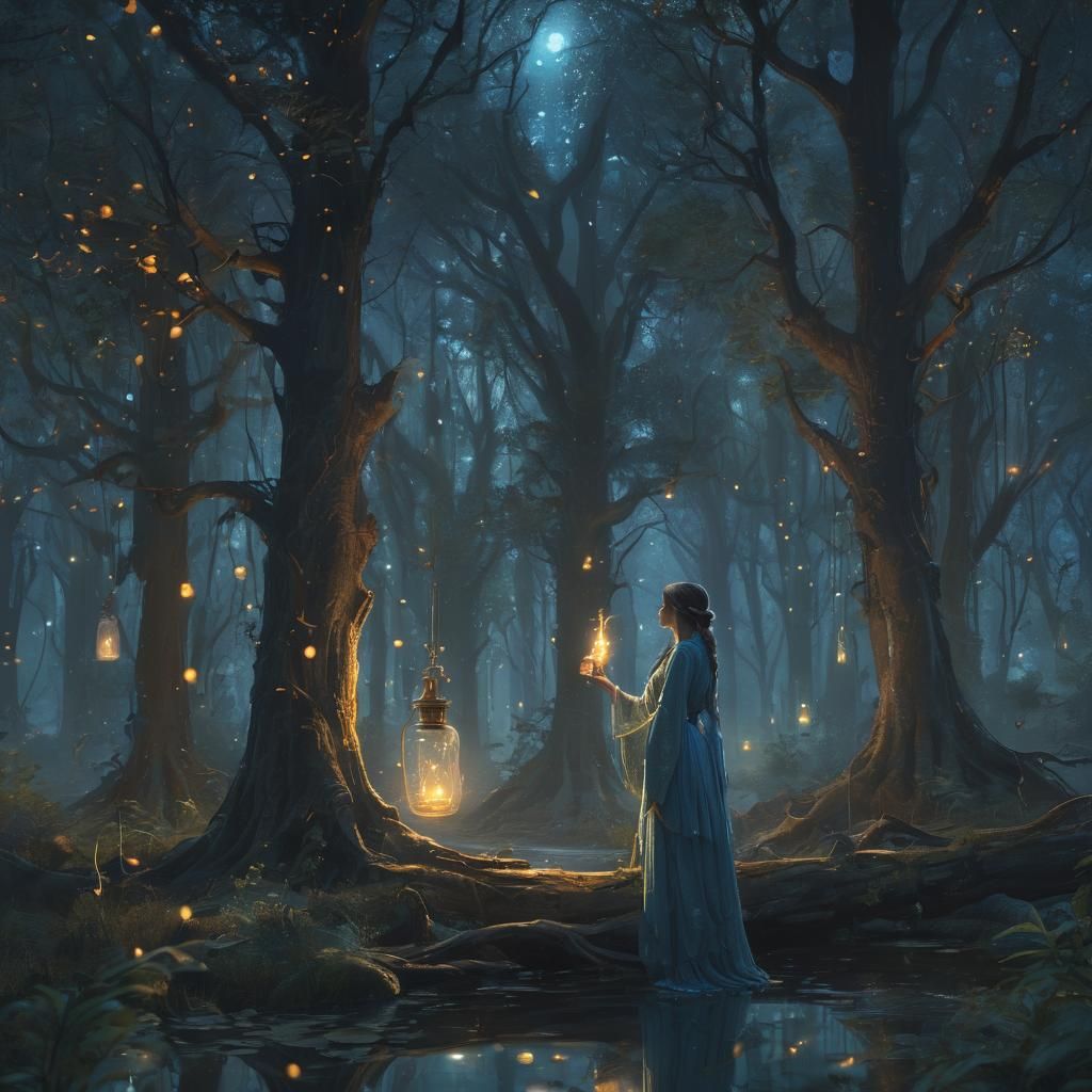 Mystical Forest Scene with Glowing Flask