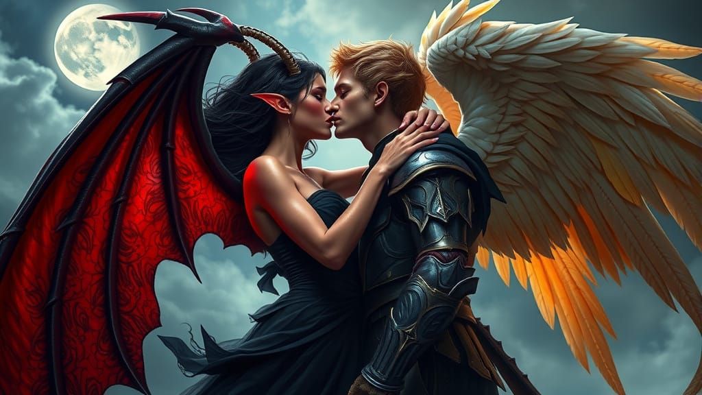 Passionate Kiss Between Demon and Angel in Gothic Fantasy