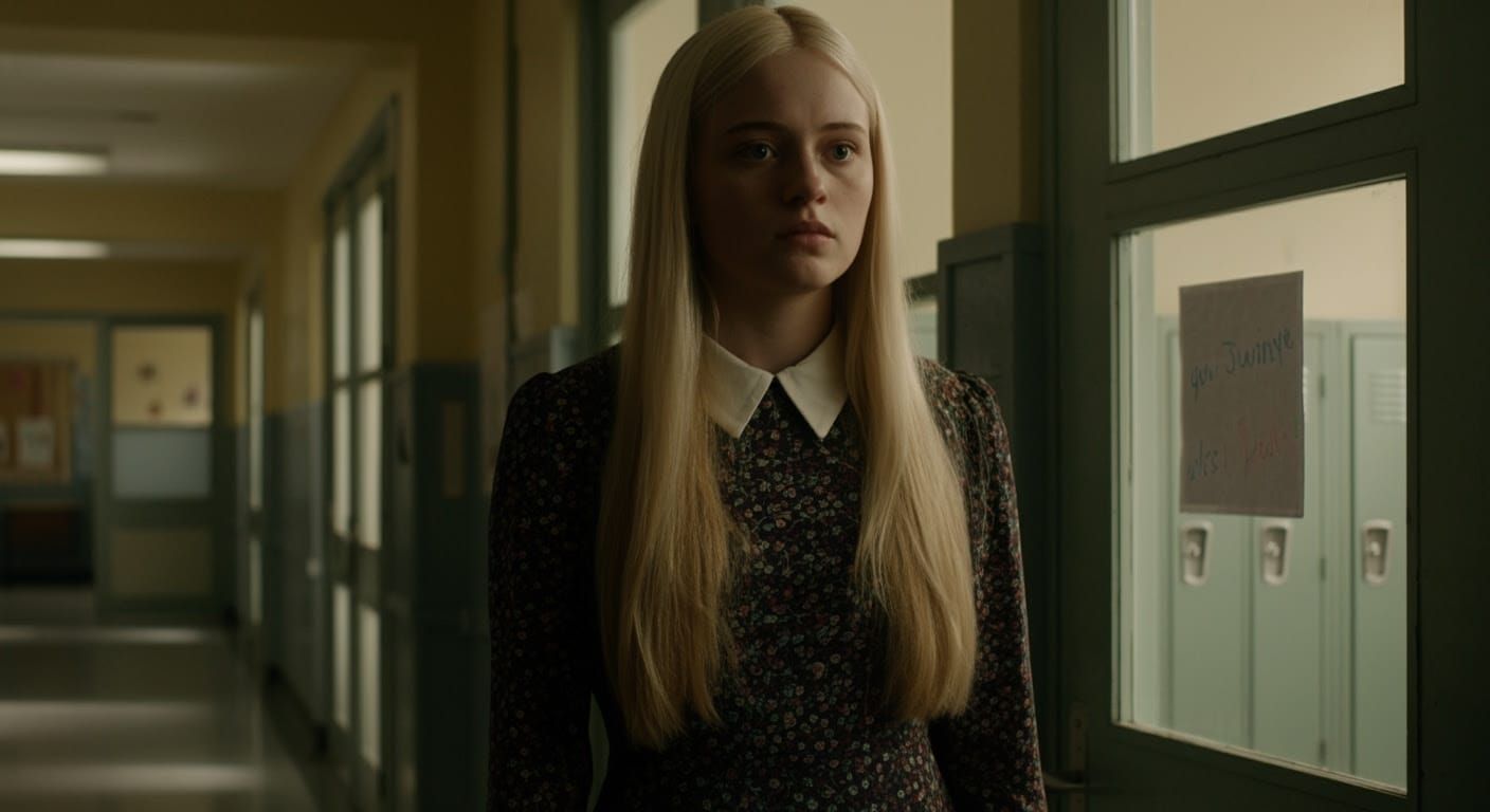 Young Woman Contemplates Outside Classroom Door in Warm, Nat...