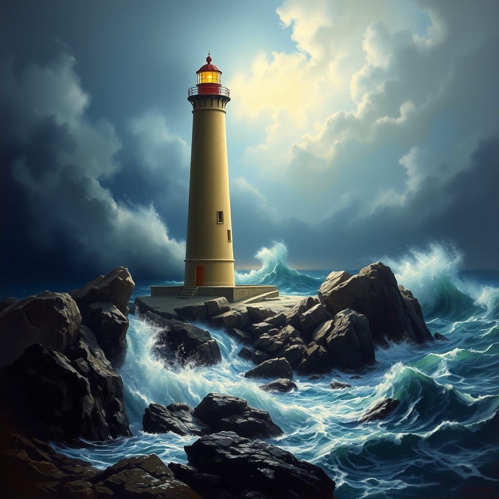 Majestic Lighthouse Illuminates Turbulent Sea in Dramatic Ar...