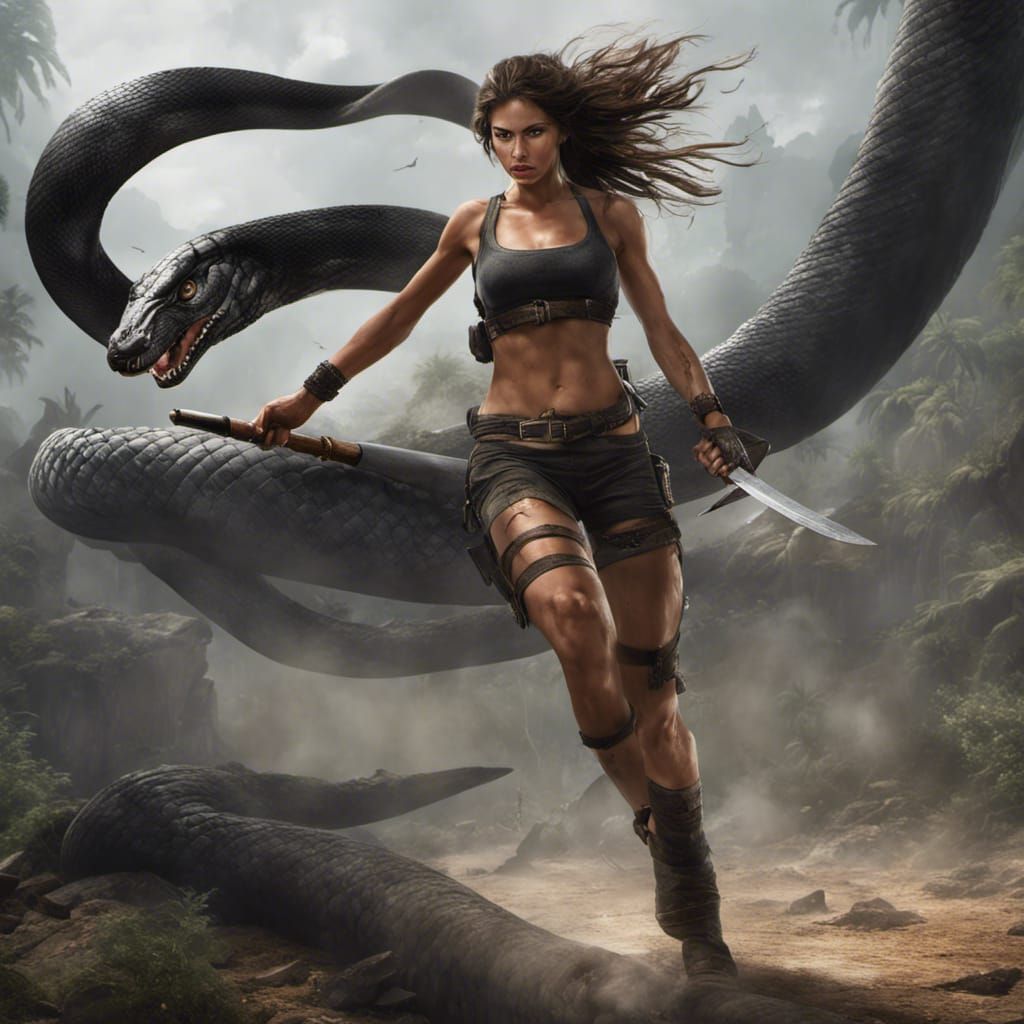 Woman Battles Giant Cobra in Jungle Concept Art