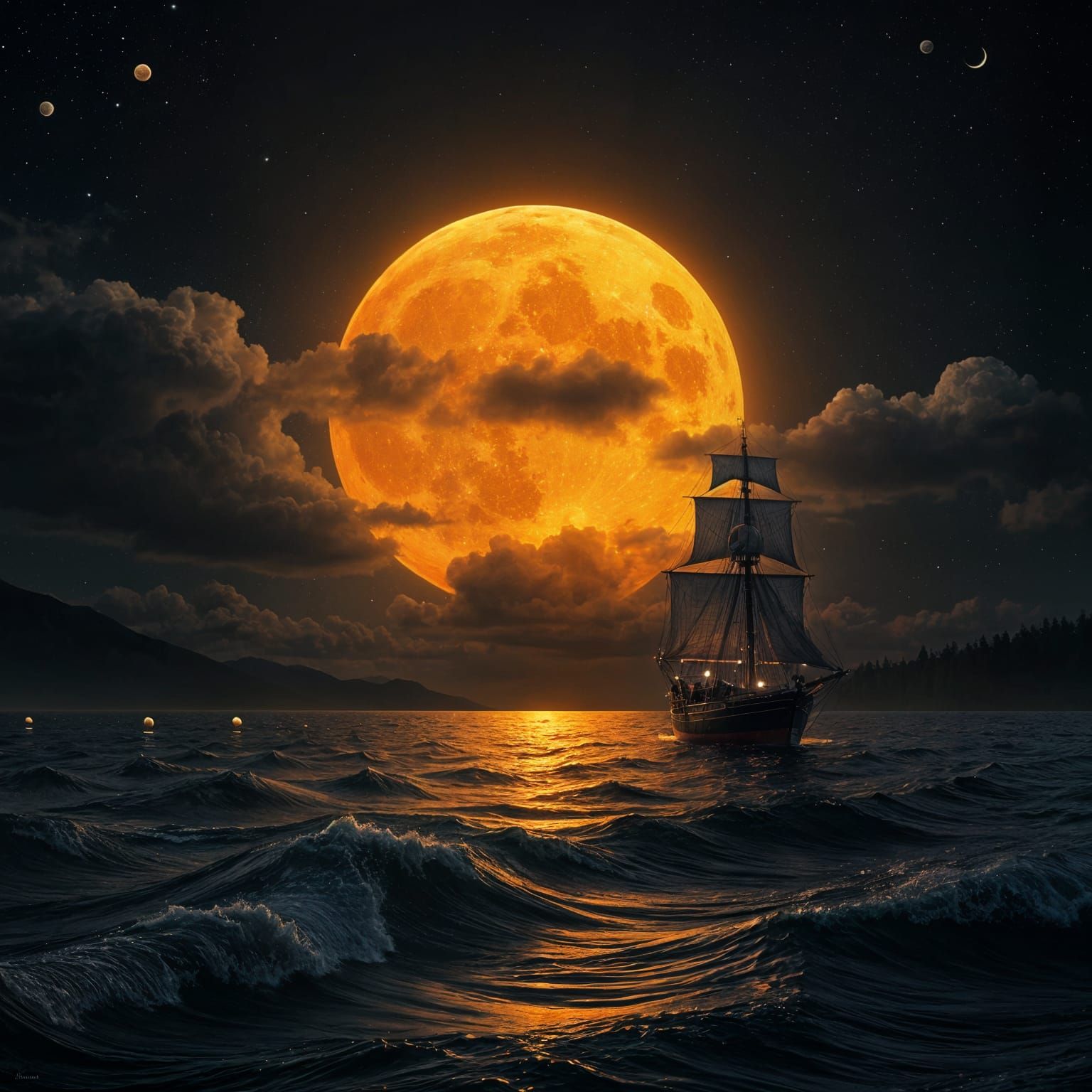 Night Landscape with Orange Moon and Luminous Ship