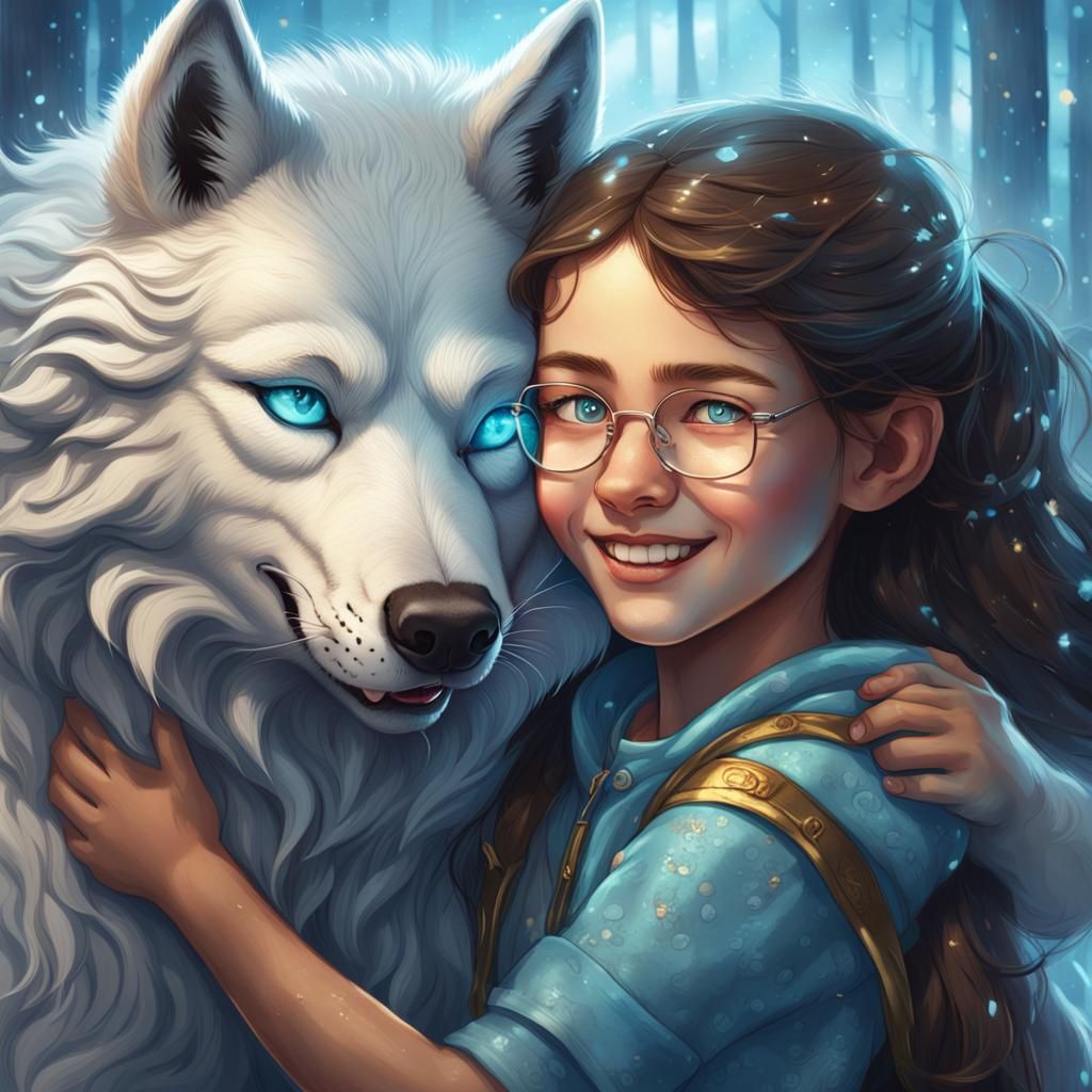 Girl Hugging Wolf in Hyperrealistic Splash Art