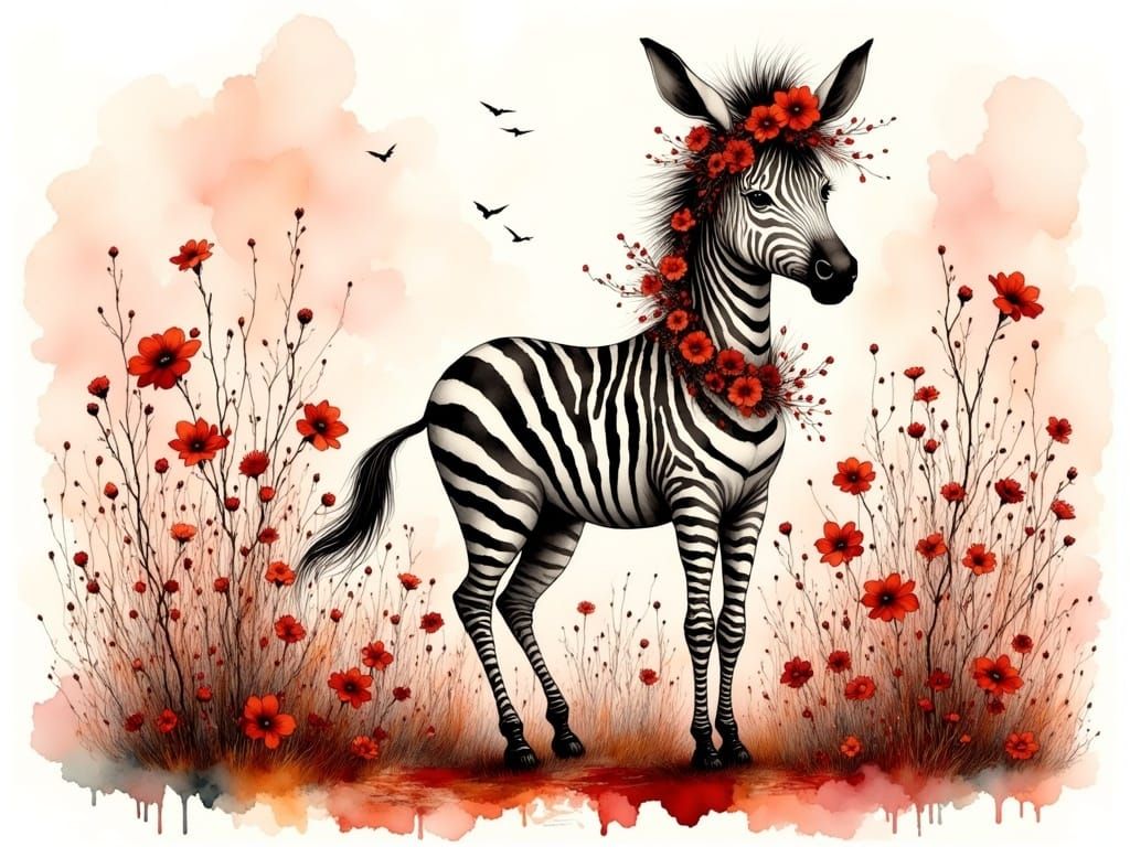 Black and White Zebra in Bohemian Floral Garlands