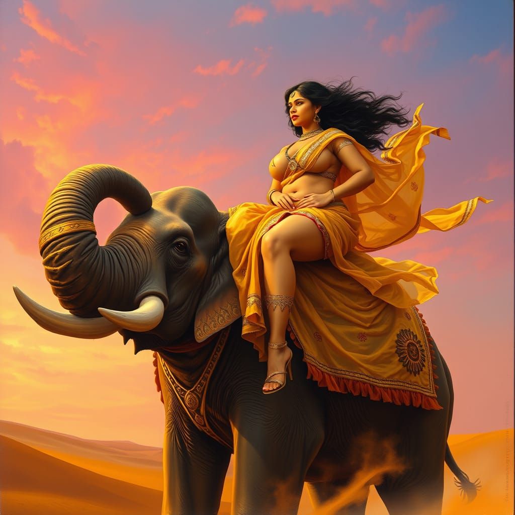 Curvy Woman on Elephant in Desert, Oil Painting Style