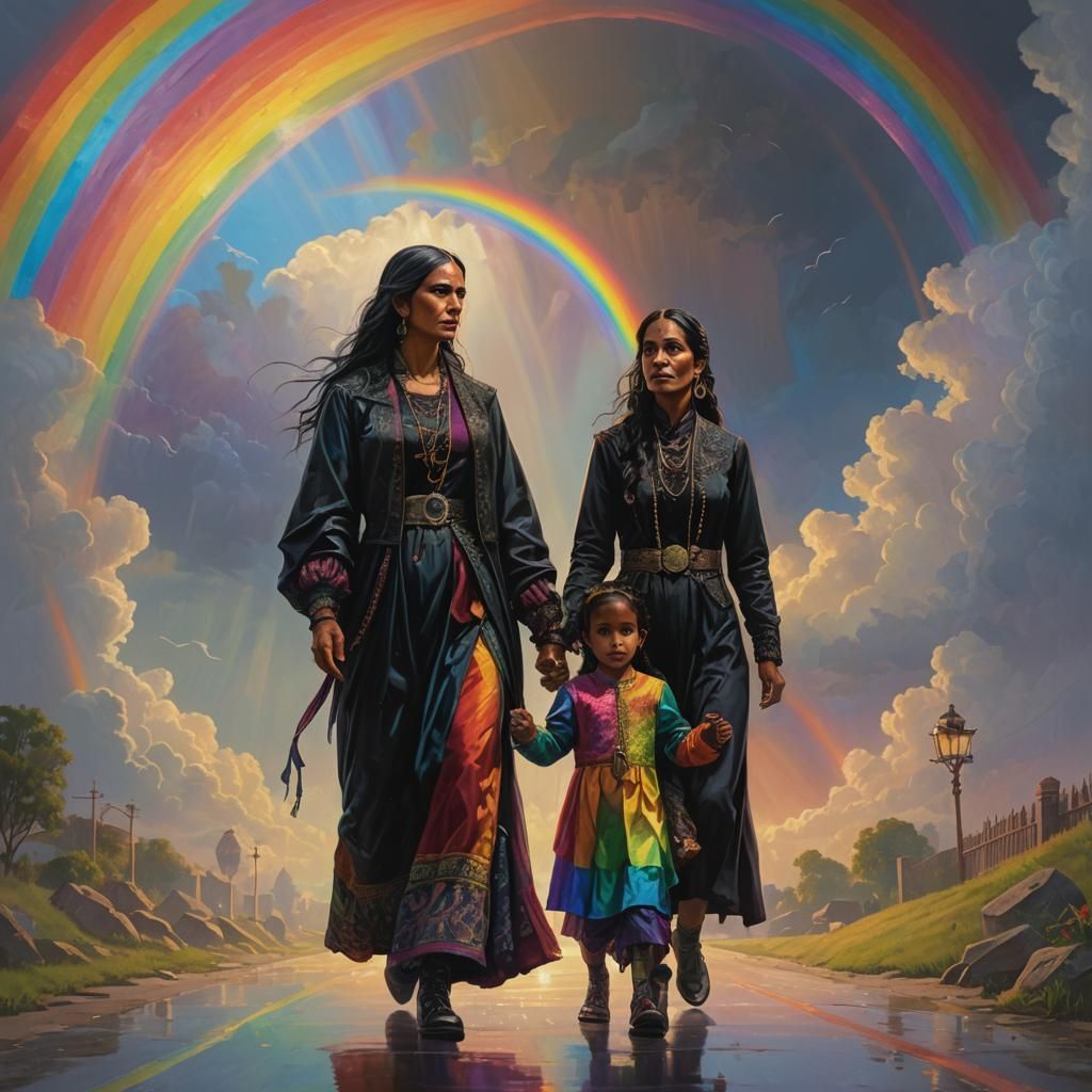 Gothic Mother and Child Under Rainbow in Alcohol Inks