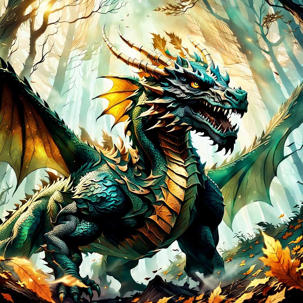 Dragon Unleashes Wind in Mystical Forest