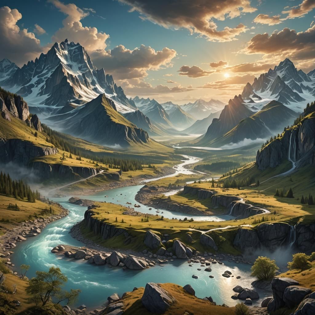 Serene Mountain River in Fantasy Landscape