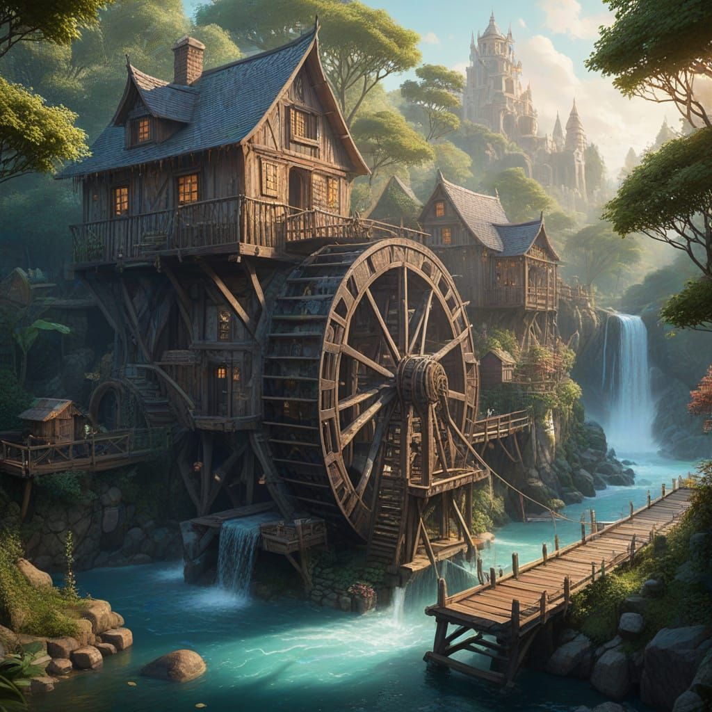 Whimsical Waterwheel Village Scene in Folk Art Style
