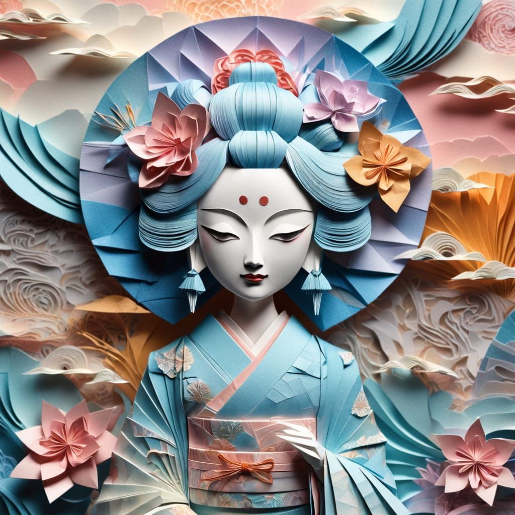 Delicate Origami Geisha in Vibrant Washi Paper Art