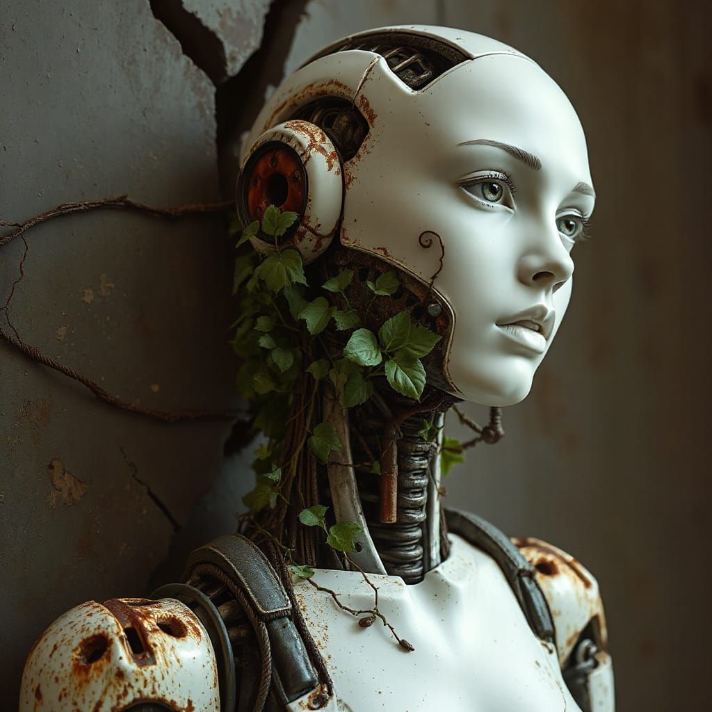 Android Statue Enshrouded in Vines: Creepy Surrealism