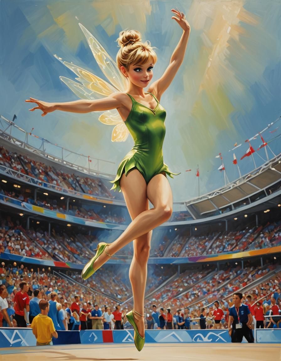 Tinkerbell in a leotard performing gymnastics in an arena at the Olympics, half body portrait, oil on canvas