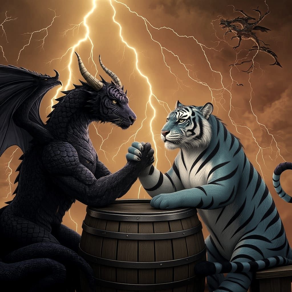 Dragon vs Tiger Arm Wrestling in Lightning Storm