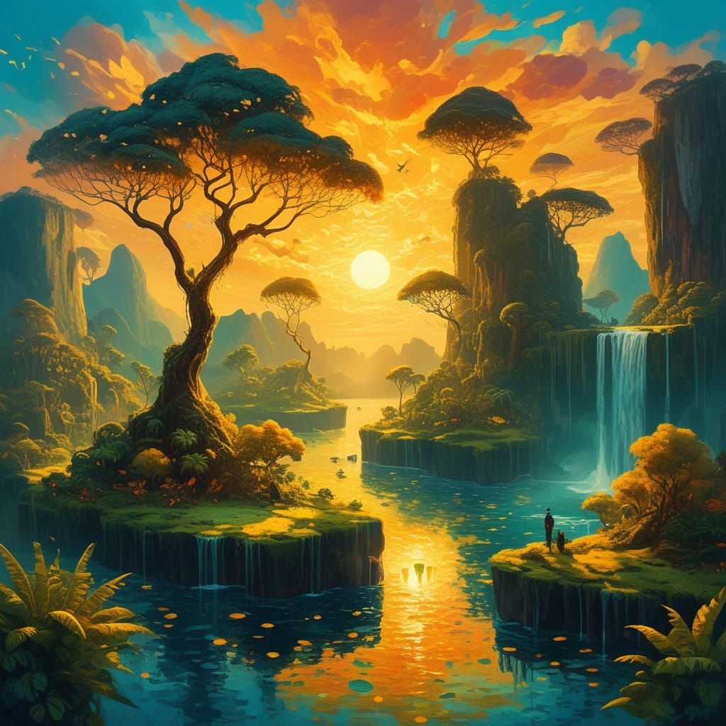 Impressionist Oil Painting of Floating Islands at Sunset
