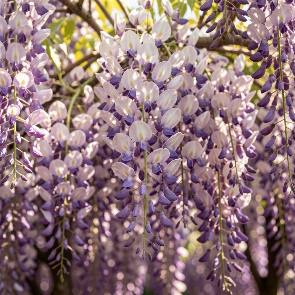 Cascading Wisteria Blooms in Soft Sunlight