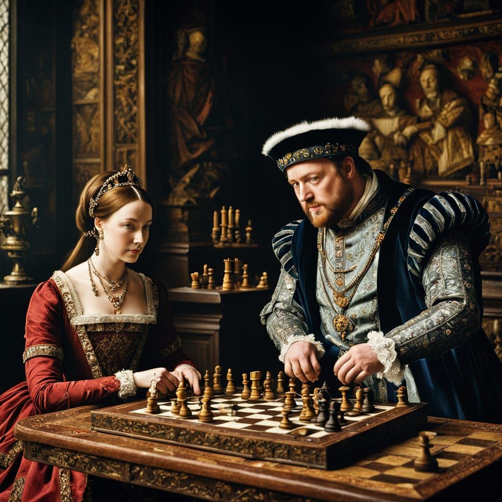 Henry VIII of England playing chess with Anne Boleyn in a Tu...
