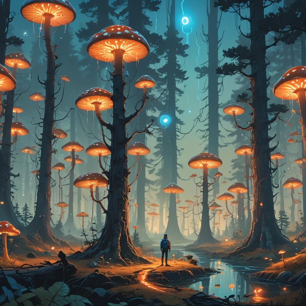 Mystical Forest Concept Art in Electric Blue and Orange