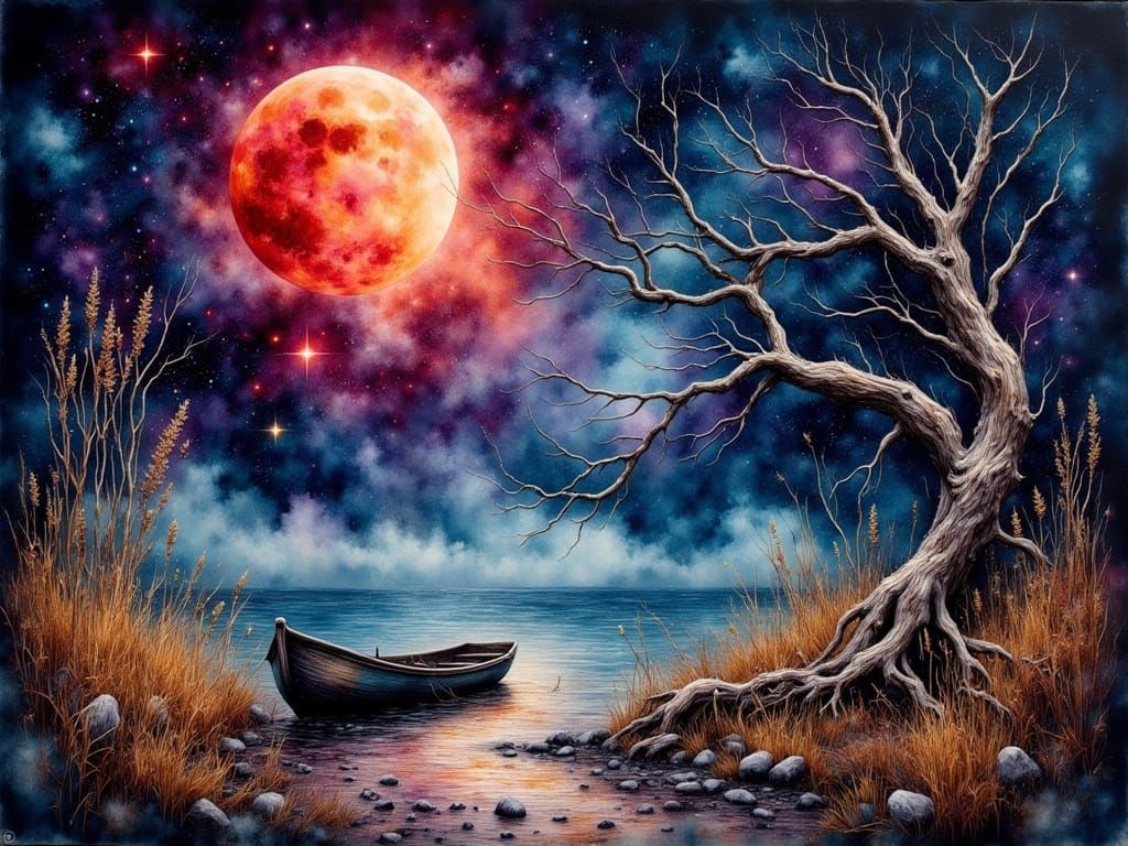 Desolate Nocturnal Scene with Red Moon in Watercolor