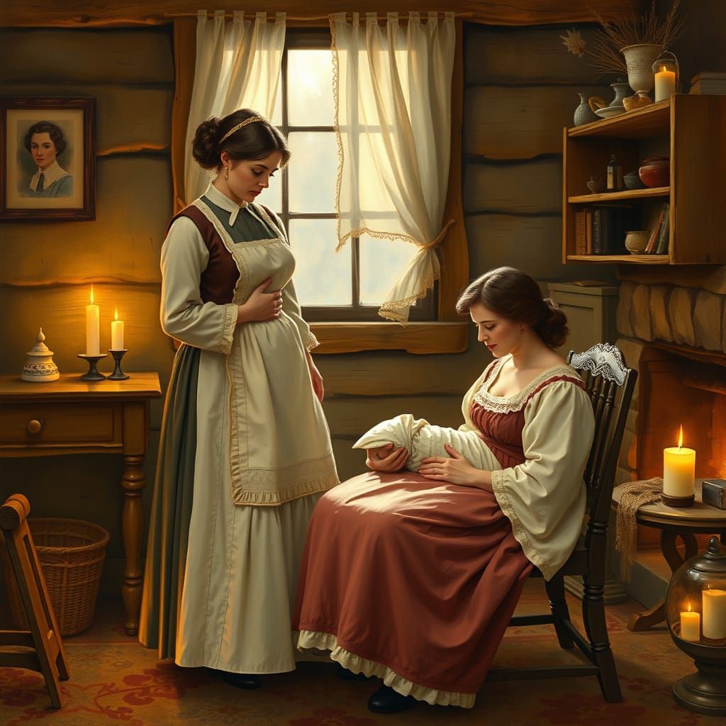 Midwife and Mother in Rustic 1876 Setting
