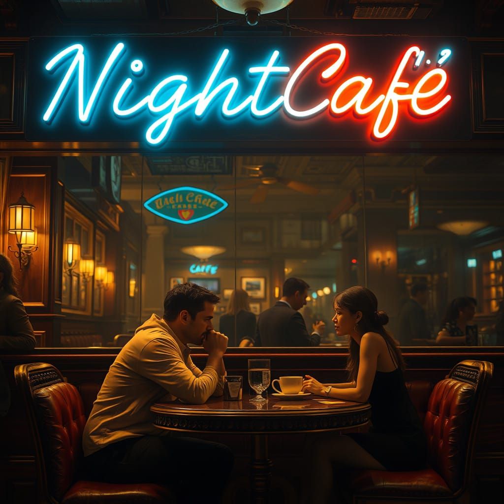 Cinematic Night Café Scene in Neon Lights