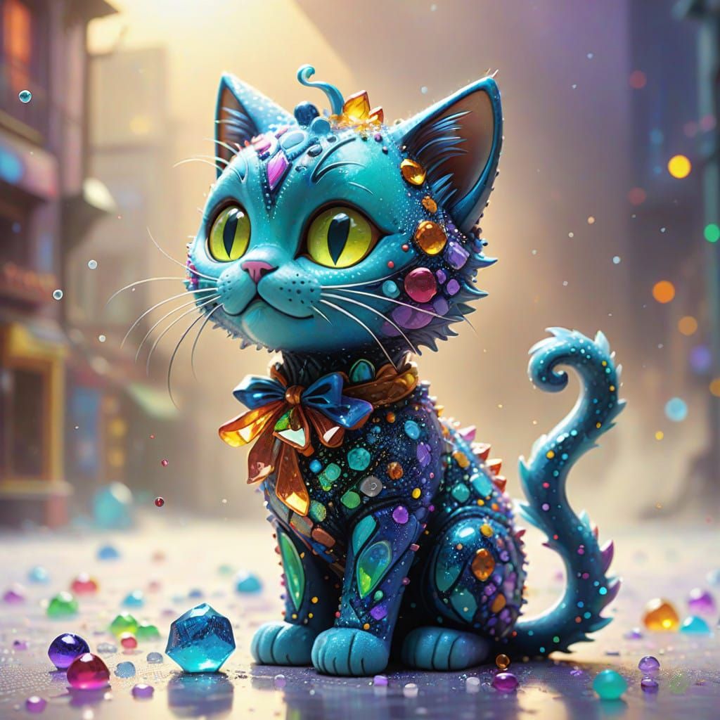 Glowing Anime-Style Cat in Vibrant Sugar Sculpture