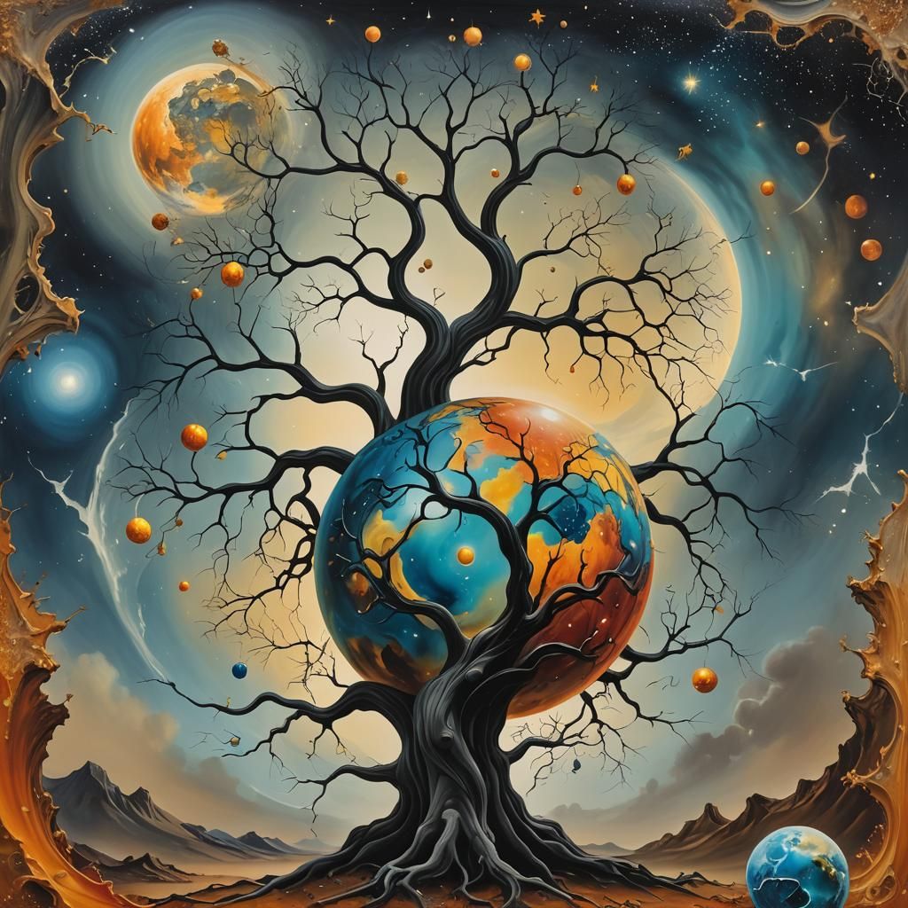 Surreal Autumn Tree Rooted in Space, Salvador Dali Style