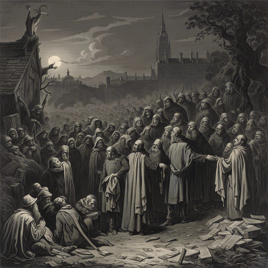 Horrific Allegory of Truth and Lies in Engraving Style