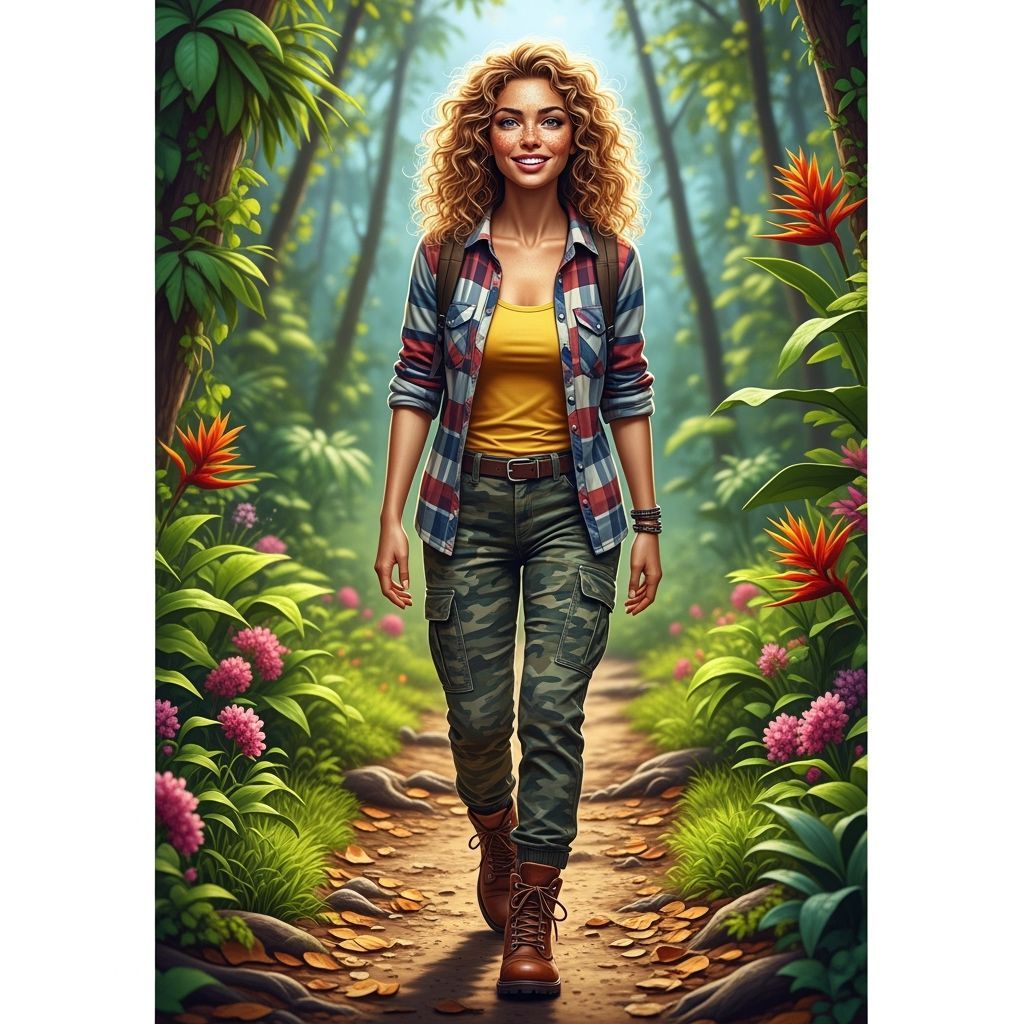 Hyperrealistic Woman Hiker in Jungle Trail