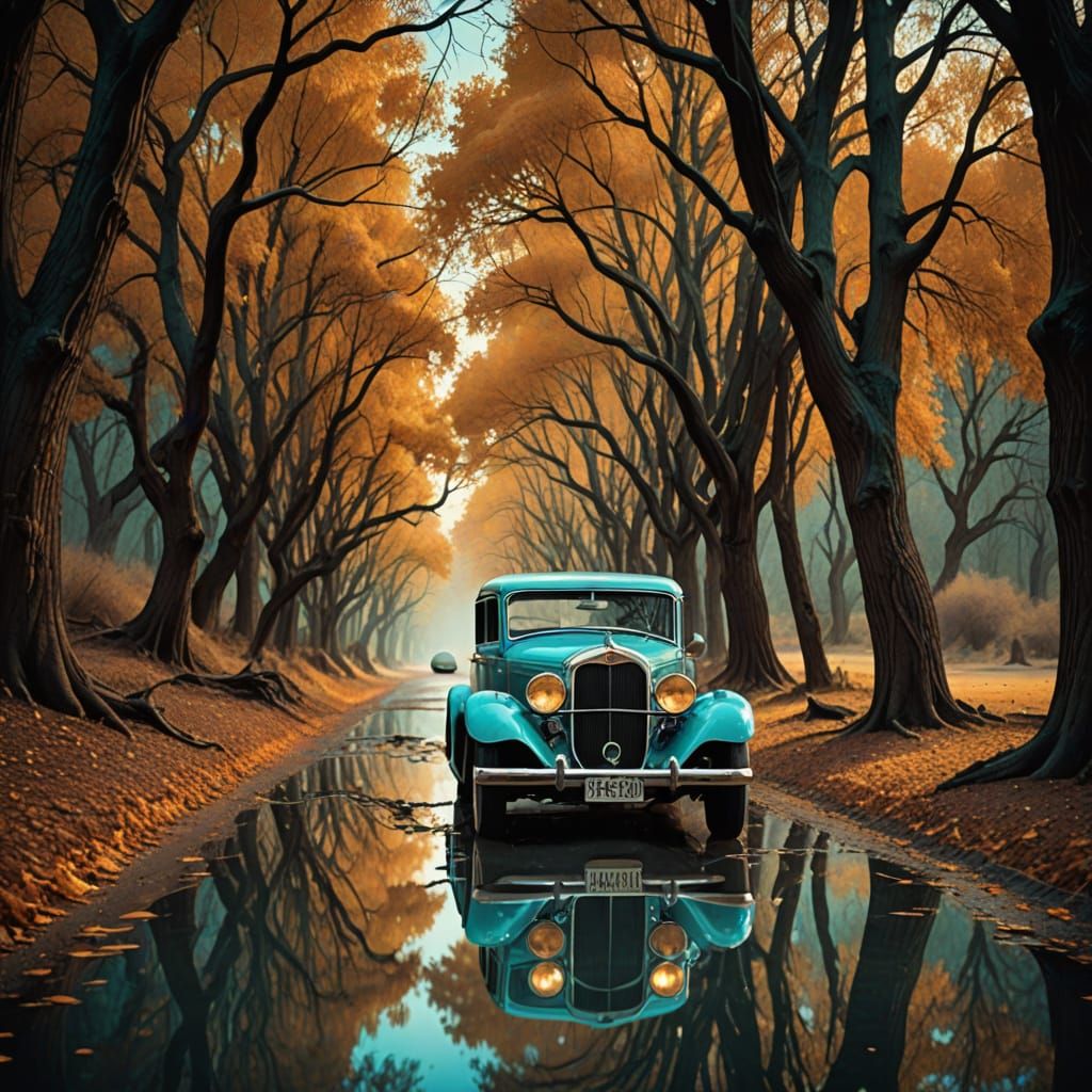 Vintage Car Speeds Through Dreamlike Landscape in Surrealist...