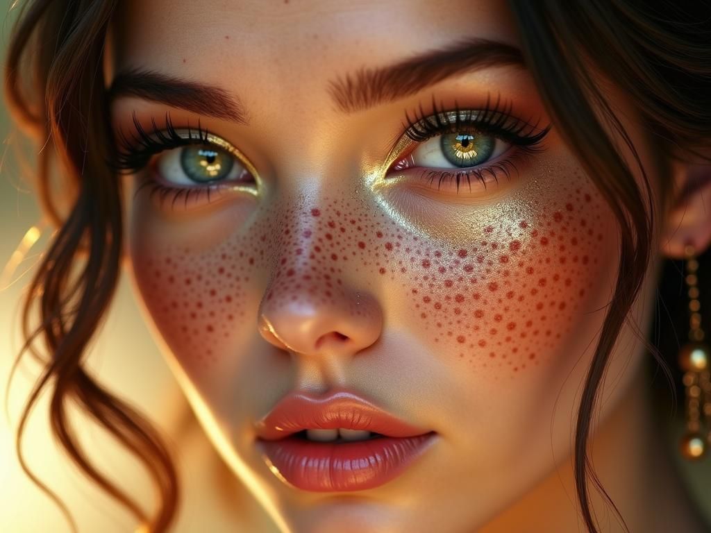 Woman with Freckles and Golden Makeup Portrait