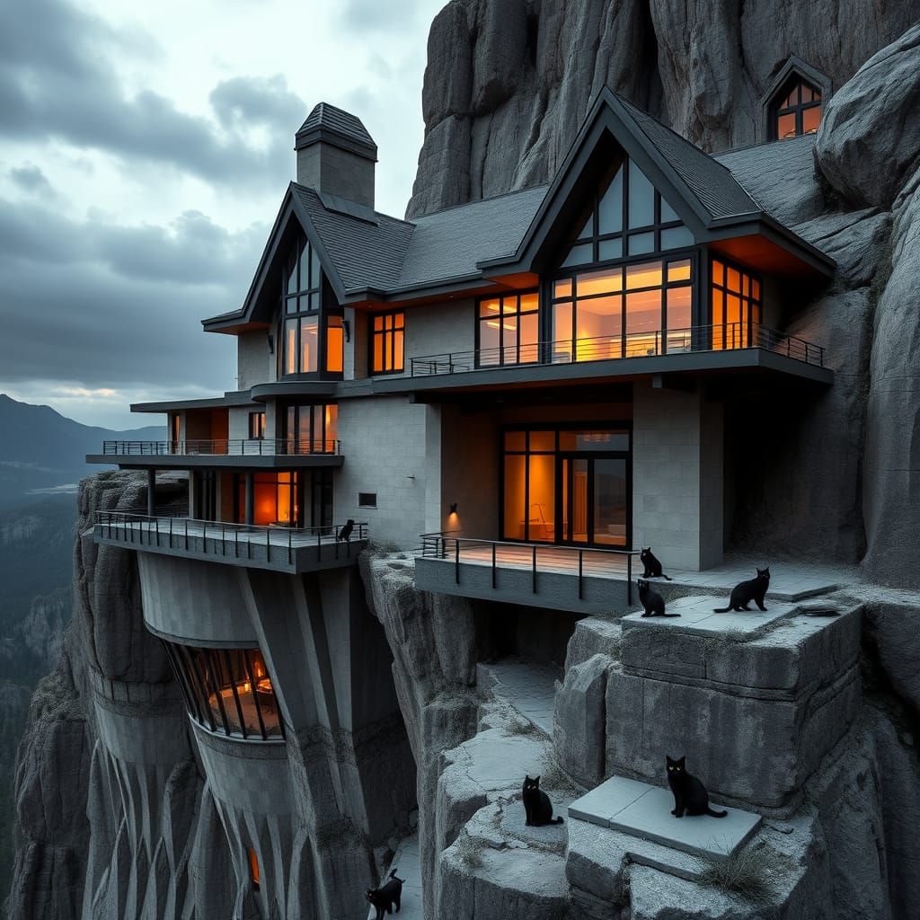 Gothic Villain Lair on Mountain Top with Bauhaus Style