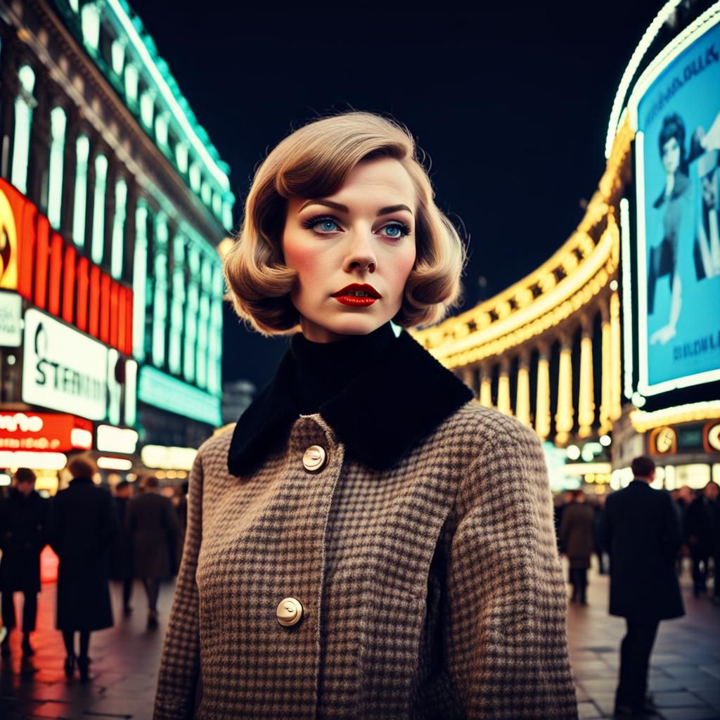 1960s Fashion Photo of Girl in Piccadilly Circus