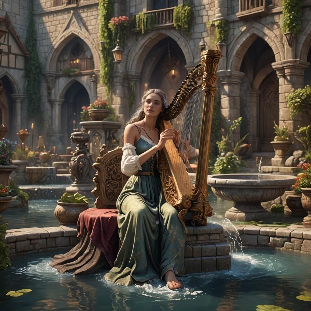 Medieval Village Bard Plays Harp: Fantasy Concept Art