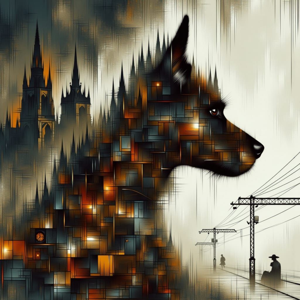 Double Exposed Railway Station with a Dog in Gouache Style
