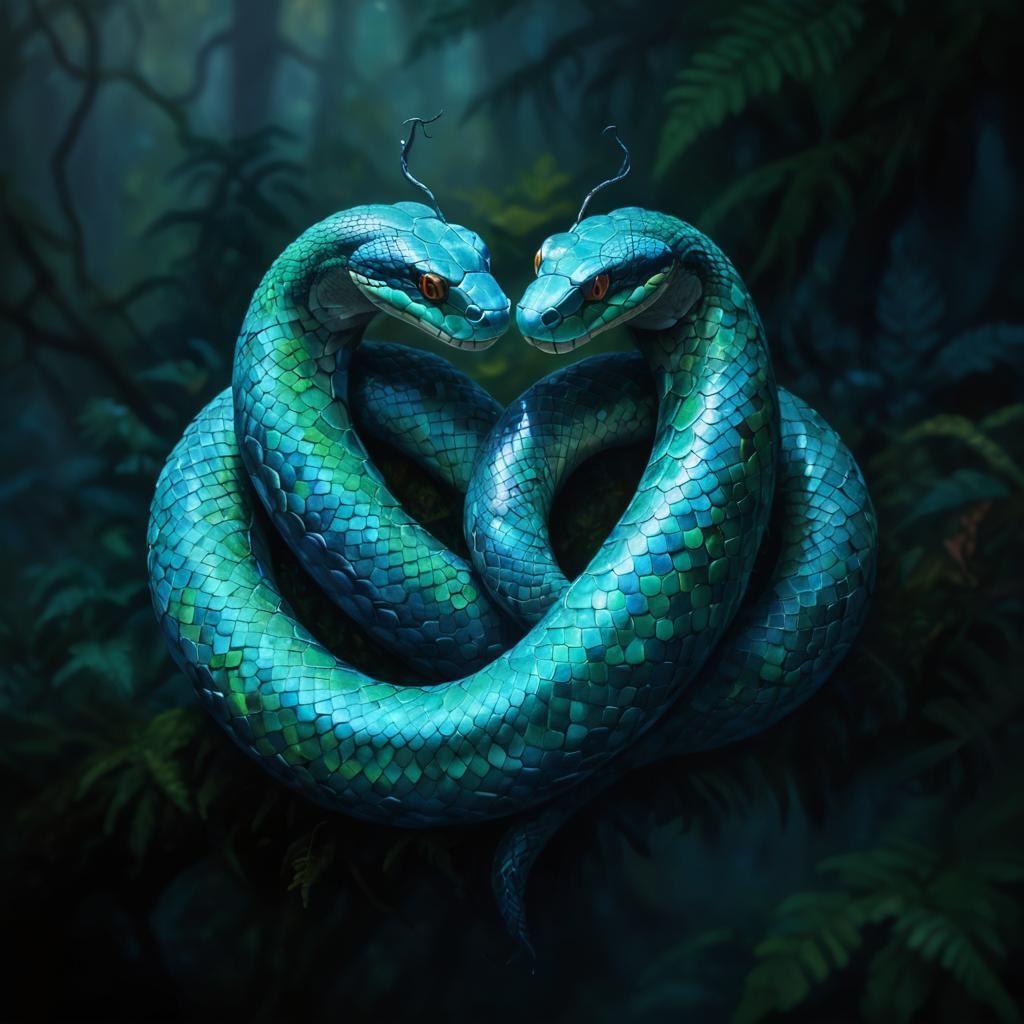 Snakes Form Heart in Misty Forest Oil Painting
