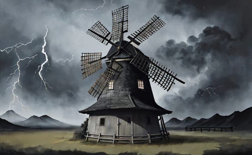 Windmill During Lightning Storm in Japanese Art Style
