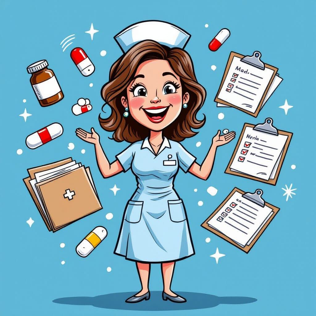 A caricature of a nurse juggling medication, bandages, file ...