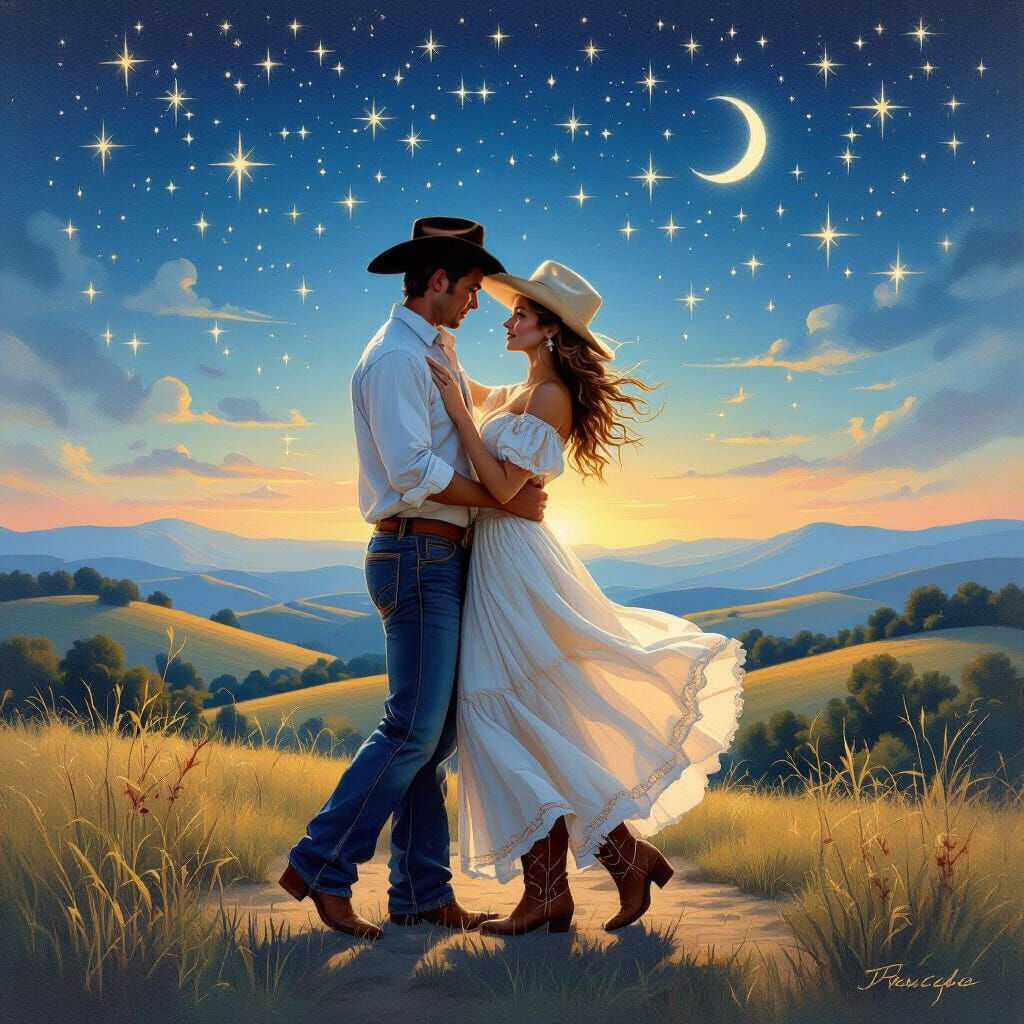 Western Couple Waltzing Under Starry Sky