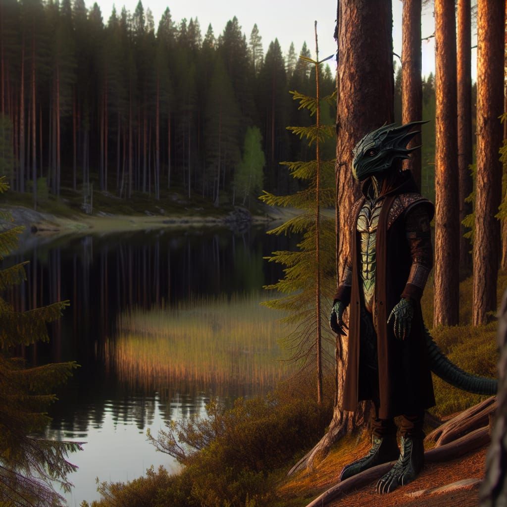 Lizard Humanoid Figure in Dark Fantasy Landscape