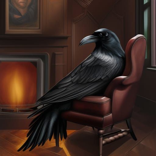 Realistic Raven in Detailed Study with Fireplace