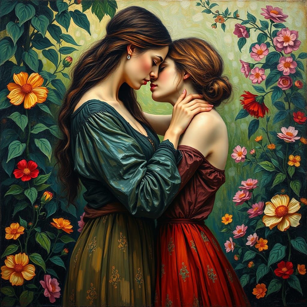 Women Embracing in Impressionistic Garden